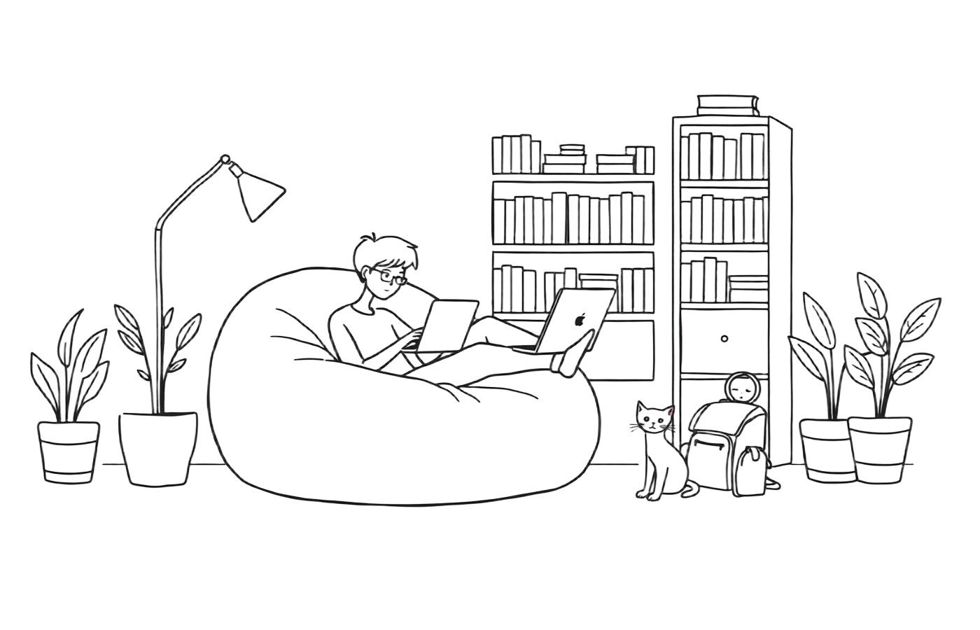 Line drawing of a student studying with their cat