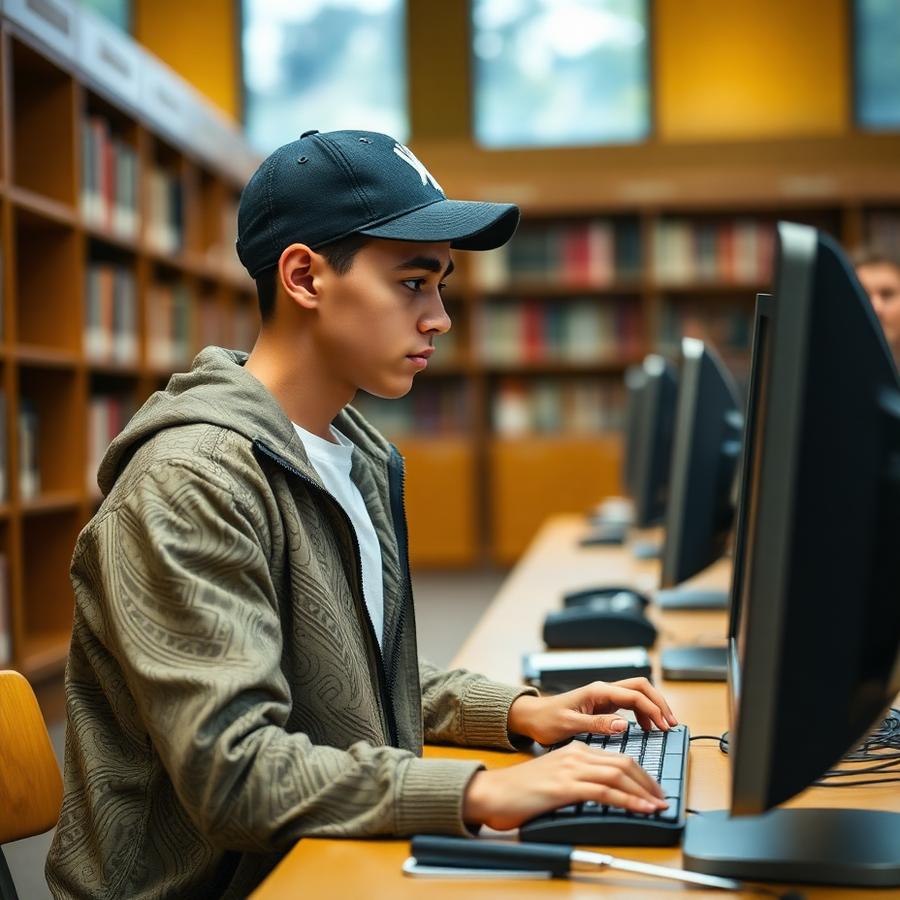 Student studying at a library computer