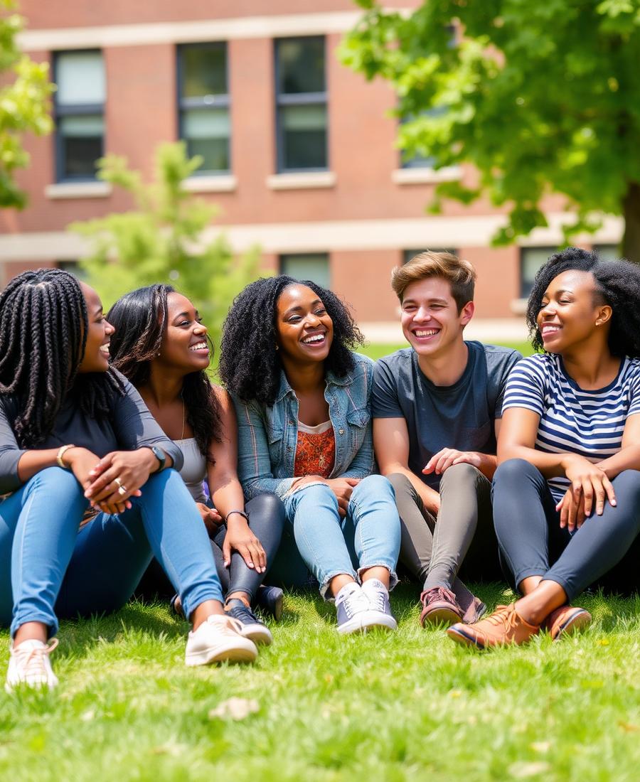 Students sitting on the grass on campus